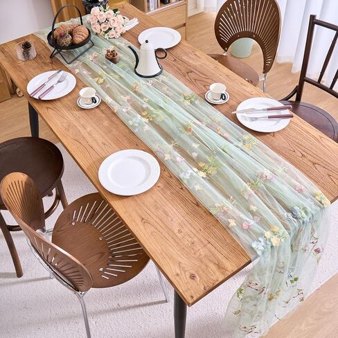 vctops 2 Packs Embroidery Lace Fall Table Runner 10ft Floral Garden Seasonal Tulle Table Runner Holiday Kitchen Dining Table Decoration for Wedding Party Baby Shower Birthday (Sage Green,30"x120") in Kuwait