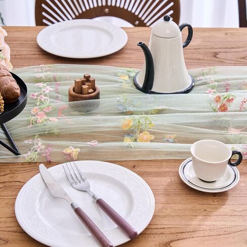 vctops 2 Packs Embroidery Lace Fall Table Runner 10ft Floral Garden Seasonal Tulle Table Runner Holiday Kitchen Dining Table Decoration for Wedding Party Baby Shower Birthday (Sage Green,30"x120") in Kuwait