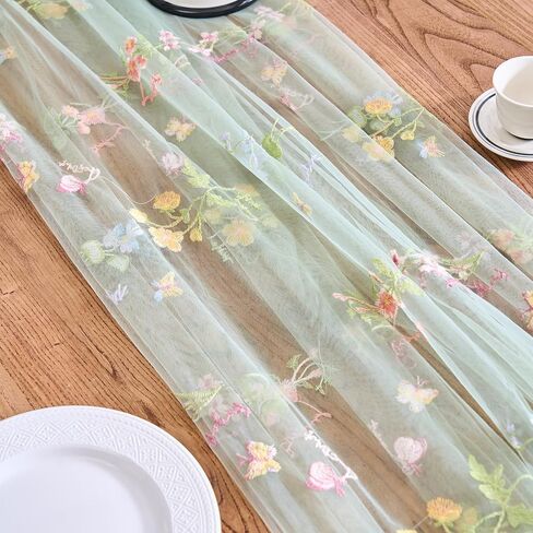 vctops 2 Packs Embroidery Lace Fall Table Runner 10ft Floral Garden Seasonal Tulle Table Runner Holiday Kitchen Dining Table Decoration for Wedding Party Baby Shower Birthday (Sage Green,30"x120") in Kuwait