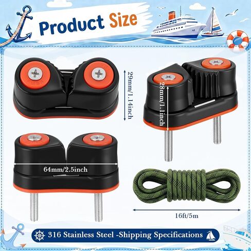 Vinsot Ball Bearing Cam Cleat مع حبل متين بطول 32 قدمًا - مربط من الألومنيوم لخط 1/2 بوصة، معطف صلب بأكسيد، أجهزة إبحار عالية الحمولة، تعديل سهل للخط، معدات بحرية خارجية، قوارب الكاياك in Kuwait
