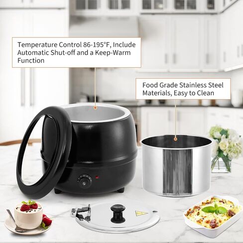 سخان شوربة GarveeHome، غلاية حساء تجارية بسعة 13.7 لتر مع غطاء مفصلي ووعاء إدراج من الفولاذ المقاوم للصدأ قابل للفصل، سخان طعام مع مقبض مضاد للحرق للمطاعم والبوفيهات وتقديم الطعام in Kuwait