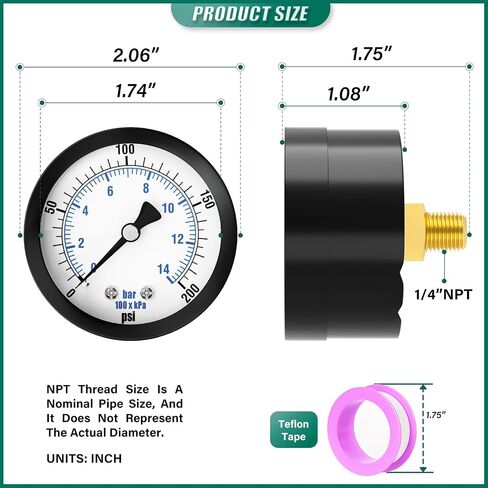 مقياس ضغط مضخة الآبار 0-200PSI مقاس 2 بوصة، حامل خلفي 1/8 بوصة NPT، دقة 3-2-3%، للأنبوب، مضخة المياه، الغاز، السائل، اختبار الضغط in Kuwait