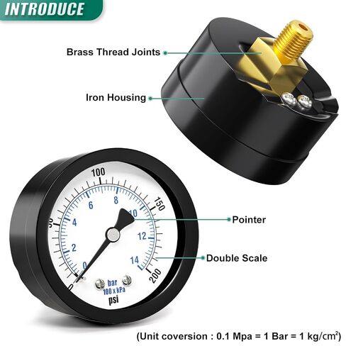 مقياس ضغط مضخة الآبار 0-200PSI مقاس 2 بوصة، حامل خلفي 1/8 بوصة NPT، دقة 3-2-3%، للأنبوب، مضخة المياه، الغاز، السائل، اختبار الضغط in Kuwait
