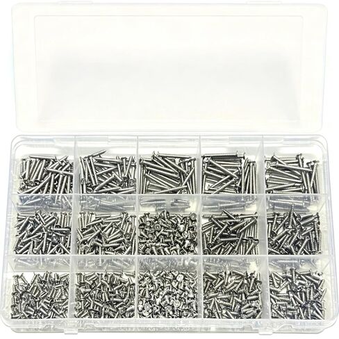 1070PCS Flat Head Wood Screws Assortment Kit, Phillips Drive Self-Tapping Screws Set, 304 Stainless Steel, 8 Sizes (4mm-20mm) for Home DIY and Furniture Repair, Durable and Rustproof. in Kuwait