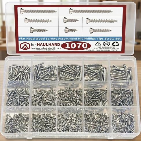 1070PCS Flat Head Wood Screws Assortment Kit, Phillips Drive Self-Tapping Screws Set, 304 Stainless Steel, 8 Sizes (4mm-20mm) for Home DIY and Furniture Repair, Durable and Rustproof. in Kuwait