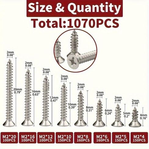 1070PCS Flat Head Wood Screws Assortment Kit, Phillips Drive Self-Tapping Screws Set, 304 Stainless Steel, 8 Sizes (4mm-20mm) for Home DIY and Furniture Repair, Durable and Rustproof. in Kuwait