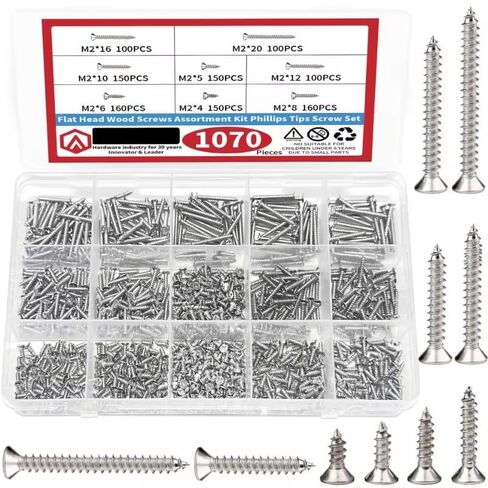 1070PCS Flat Head Wood Screws Assortment Kit, Phillips Drive Self-Tapping Screws Set, 304 Stainless Steel, 8 Sizes (4mm-20mm) for Home DIY and Furniture Repair, Durable and Rustproof. in Kuwait