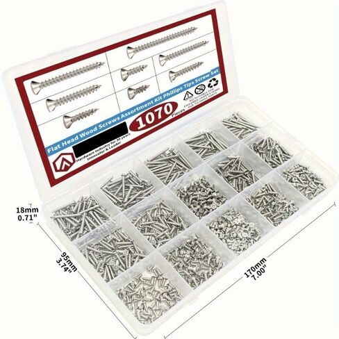 1070PCS Flat Head Wood Screws Assortment Kit, Phillips Drive Self-Tapping Screws Set, 304 Stainless Steel, 8 Sizes (4mm-20mm) for Home DIY and Furniture Repair, Durable and Rustproof. in Kuwait