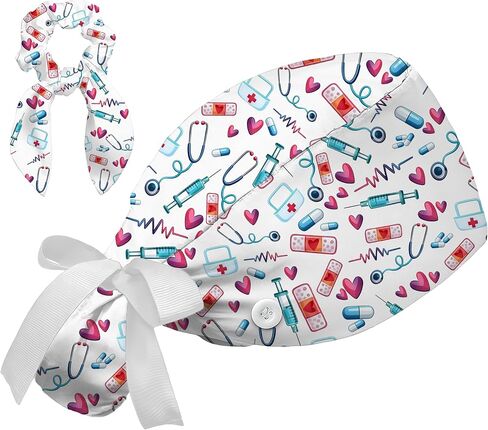 Ponytail Scrub Cap for Women - Surgical Caps with Breathable Fabric,Comes with a Matching Bow Scrunchie Hair Tie in Kuwait