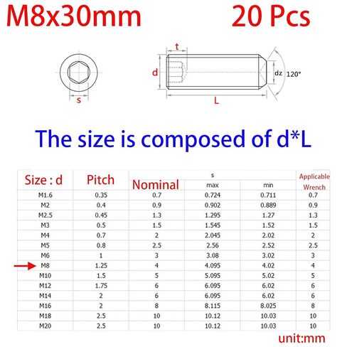 M8-1.25 × 30 مم مجموعة مقابس سداسية سوداء، نقطة كوب مقطوعة الرأس، مسمار مسطح، محرك سداسي داخلي، سبائك فولاذ، 12.9 درجة من الفولاذ الكربوني، خيط خارجي 20 قطعة in Kuwait