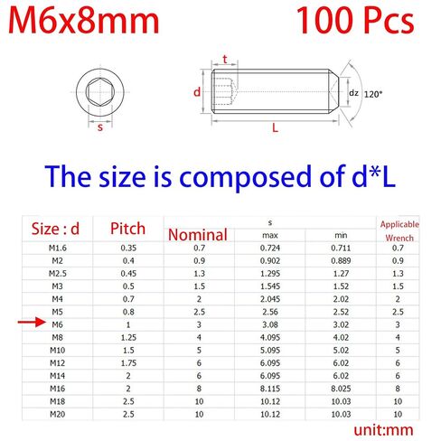 M6-1.0 × 8 مم مجموعة مقابس سداسية سوداء، نقطة كوب مقطوعة الرأس، مسمار مسطح، محرك سداسي داخلي، سبائك فولاذ، 12.9 درجة من الفولاذ الكربوني، خيط خارجي 100 قطعة in Kuwait
