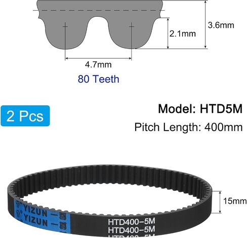 2pcs HTD-5M Rubber Timing Belt 80 Teeth, 400mm Pitch Length x 15mm Width x 3.6mm Height, Closed Loop Pulley Timing Belt in Kuwait