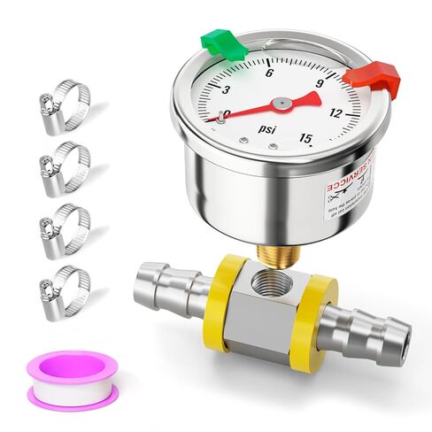 0-15PSI من الفولاذ المقاوم للصدأ مقياس ضغط الوقود المملوء بالجلسرين مقاس 1.5 بوصة، حامل خلفي 1/8 بوصة NPT، مع محول ضغط خط الوقود بارب 3/8 بوصة، للمياه والزيت والهواء واختبار الضغط in Kuwait