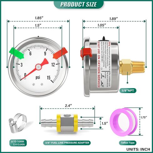 0-15PSI من الفولاذ المقاوم للصدأ مقياس ضغط الوقود المملوء بالجلسرين مقاس 1.5 بوصة، حامل خلفي 1/8 بوصة NPT، مع محول ضغط خط الوقود بارب 3/8 بوصة، للمياه والزيت والهواء واختبار الضغط in Kuwait