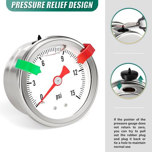 0-15PSI من الفولاذ المقاوم للصدأ مقياس ضغط الوقود المملوء بالجلسرين مقاس 1.5 بوصة، حامل خلفي 1/8 بوصة NPT، مع محول ضغط خط الوقود بارب 3/8 بوصة، للمياه والزيت والهواء واختبار الضغط in Kuwait