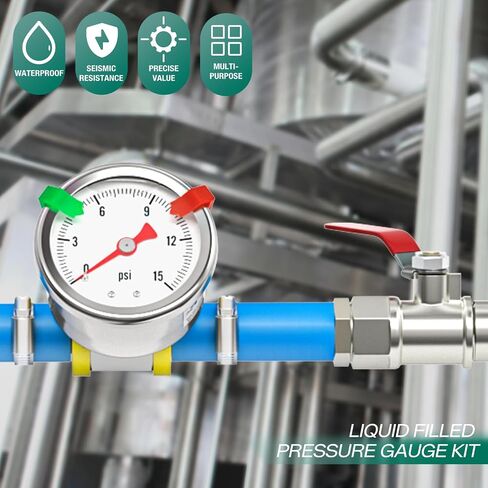 0-15PSI من الفولاذ المقاوم للصدأ مقياس ضغط الوقود المملوء بالجلسرين مقاس 1.5 بوصة، حامل خلفي 1/8 بوصة NPT، مع محول ضغط خط الوقود بارب 3/8 بوصة، للمياه والزيت والهواء واختبار الضغط in Kuwait