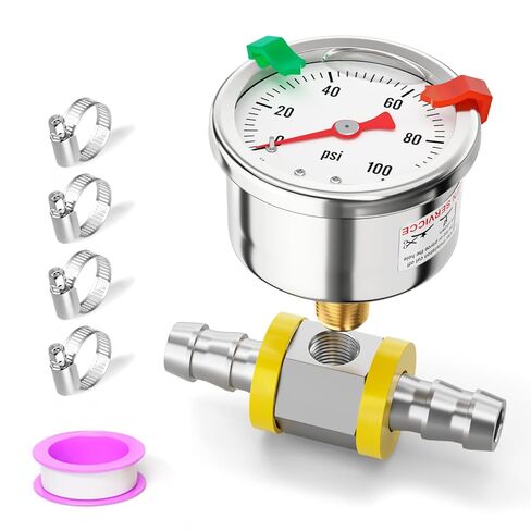 0-15PSI من الفولاذ المقاوم للصدأ مقياس ضغط الوقود المملوء بالجلسرين مقاس 1.5 بوصة، حامل خلفي 1/8 بوصة NPT، مع محول ضغط خط الوقود بارب 3/8 بوصة، للمياه والزيت والهواء واختبار الضغط in Kuwait