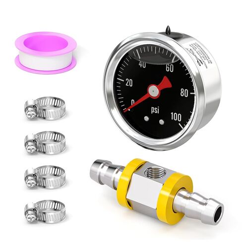 0-15PSI من الفولاذ المقاوم للصدأ مقياس ضغط الوقود المملوء بالجلسرين مقاس 1.5 بوصة، حامل خلفي 1/8 بوصة NPT، مع محول ضغط خط الوقود بارب 3/8 بوصة، للمياه والزيت والهواء واختبار الضغط in Kuwait