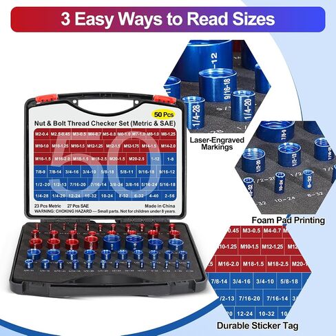 50PCS Thread Checker, Bolt Size Finder Nut and Bolt Thread Checker, 23 Metric & 27 SAE Box Set Thread Gauge Size Checker in Kuwait
