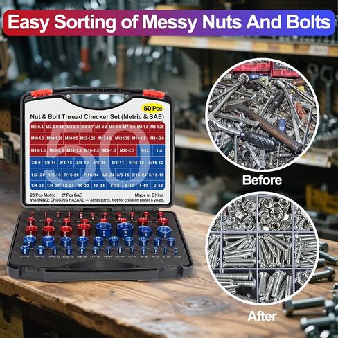 50PCS Thread Checker, Bolt Size Finder Nut and Bolt Thread Checker, 23 Metric & 27 SAE Box Set Thread Gauge Size Checker in Kuwait