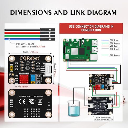 CQRobot ADS1115 4-Channel 16-Bit ADC Converter Module with Programmable Gain/I2C Address/Temperature Measurement, Compatible with Arduino/Raspberry Pi, 3.3V/5V Dual Voltage. in Kuwait
