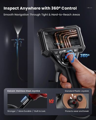 كاميرا Ralcam Industrial Borescope مع كابل ثعبان قابل للاستبدال، شاشة HD 5 بوصة، مسبار مفصل بأربعة اتجاهات وعصا تحكم من الفولاذ المقاوم للصدأ، كاميرا 6.2 مم، كابل مقاوم للماء، 5 أقدام تلقائي وأنابيب in Kuwait