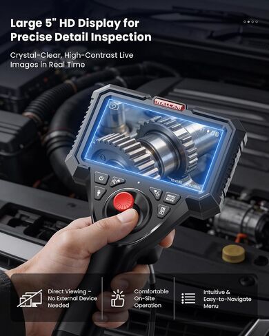 كاميرا Ralcam Industrial Borescope مع كابل ثعبان قابل للاستبدال، شاشة HD 5 بوصة، مسبار مفصل بأربعة اتجاهات وعصا تحكم من الفولاذ المقاوم للصدأ، كاميرا 6.2 مم، كابل مقاوم للماء، 5 أقدام تلقائي وأنابيب in Kuwait