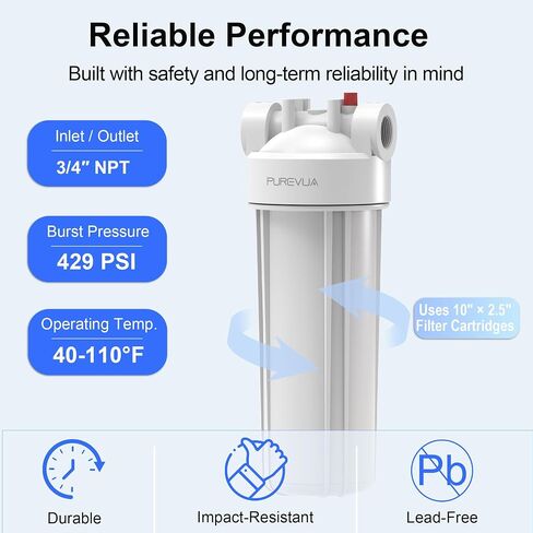PFW10 Whole House Water Filter Housing, Fits 10" x 2.5" Big Filters, Inline Pre-Filtration System for RV, Home Well and City Water Sediment etc with 3/4" NPT Port, Pressure Relief Valve in Kuwait