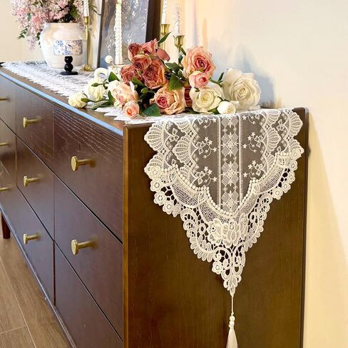 Lace Table Runner Exquisite Embroidery Floral,UWWGKK Table Runners with Tassel Retro French Country Style,for Wedding Decor,Afternoon Tea,Bed Runner,Piano Top Cover,13x48 Inch in Kuwait