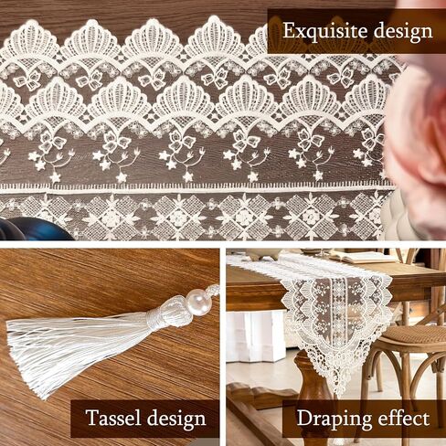 Lace Table Runner Exquisite Embroidery Floral,UWWGKK Table Runners with Tassel Retro French Country Style,for Wedding Decor,Afternoon Tea,Bed Runner,Piano Top Cover,13x48 Inch in Kuwait