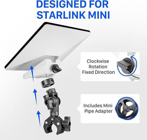 Starlink Mini Mount 2026/2025, Pole Clamp for RV, Yacht, Camper, Van, Boat | Adjustable Angle, 3-Minute Installation, Universal Starlink Mini Clamp Mount Includes Aluminum Pipe Adapter for Outdoors in Kuwait