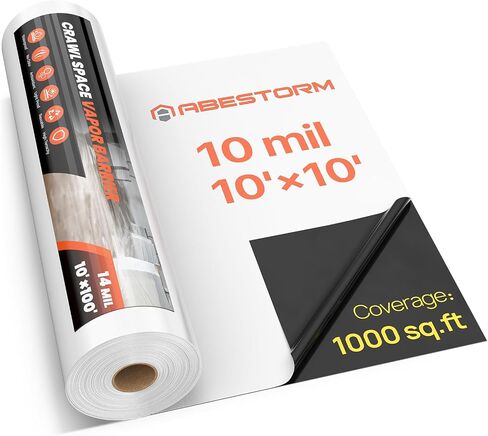 حاجز بخار ABESTORM 14 مل لمساحة الزحف، أغطية بلاستيكية سميكة مقاس 10 × 100 بوصة، غطاء قماش قطرة لمساحة الزحف، التغليف، فيلم أبيض وأسود in Kuwait