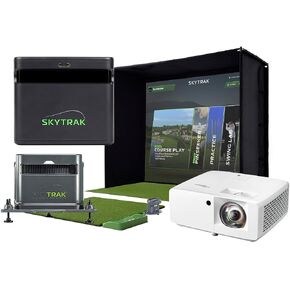 حزمة SkyTrak ST MAX Golf Simulator Ultimate Studio - رادار مزدوج وشاشة إطلاق ضوئية مع تدريب على السرعة، وشاشة تأثير، وجهاز عرض عالي الدقة، وبساط ضرب وغطاء للمنزل أو المرآب in Kuwait