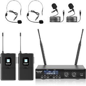 Gimkuls 4-in-1 Wireless Lavalier Headset Microphone System, Dual UHF Cordless Mic Set with 2 Bodypacks, 2 Headset Mics, 2 Lapel Mics, 200 Channels, XLR/6.35mm for Church, Teaching, Fitness in Saudi Arabia