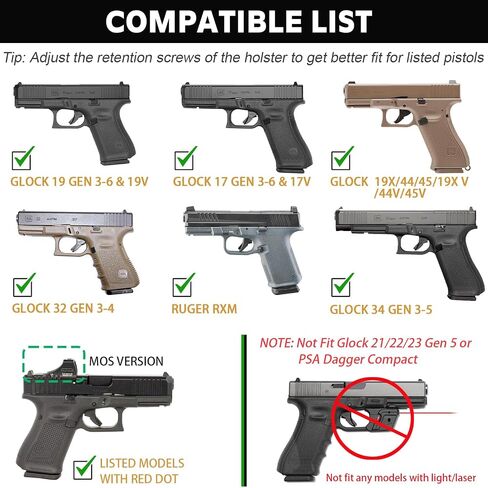 حافظة بصرية قابلة للتحويل من WARRIORLAND IWB & OWB: مناسبة لـ Glock 17/19 /26/34 Gen 3-5 & G32 Gen 3-4 & G19X/44/45 & Select MOS الإصدار، مع مخلب وارتفاع الركوب Adj والاحتفاظ به، اليد اليمنى in Kuwait