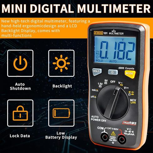 ZIBOO 101 Mini Digital Multimeter, TRMS 4000 Counts Auto-Ranging Pocket Voltmeter, Multi Tester for AC/DC Voltage Current Resistance Capacitance, with NCV, Live Wire, Battery Test and LCD Backlight in Kuwait