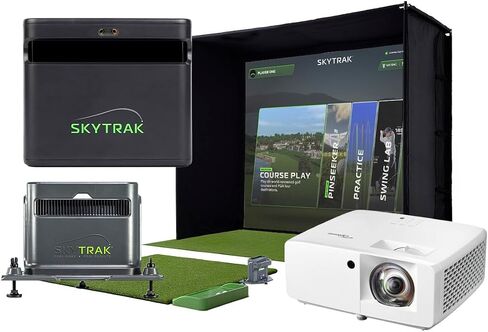 حزمة SkyTrak ST MAX Golf Simulator Ultimate Studio - رادار مزدوج وشاشة إطلاق ضوئية مع تدريب على السرعة، وشاشة تأثير، وجهاز عرض عالي الدقة، وبساط ضرب وغطاء للمنزل أو المرآب in Kuwait