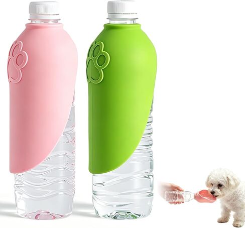 2PCS Portable Dog Water Bottle Attachment, Slip-On Pet Water Bowl, Dog Water Bottle Adapter for Standard Water Bottles Leak Proof Outdoor Pet Water Feeder Bowl(Green+Pink) in Kuwait