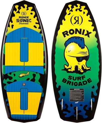 Ronix Kid's Powertail Sonic Wakesurf Board for All Levels | Versatile Stable Surf-Style Board with Extended Tail Surface & Turbo 3000 Fin for Youth Wakesurfing, Yellow/Green Squidhawk, 3'9 in Kuwait