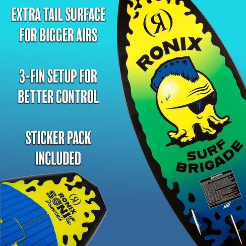 Ronix Kid's Powertail Sonic Wakesurf Board for All Levels | Versatile Stable Surf-Style Board with Extended Tail Surface & Turbo 3000 Fin for Youth Wakesurfing, Yellow/Green Squidhawk, 3'9 in Kuwait