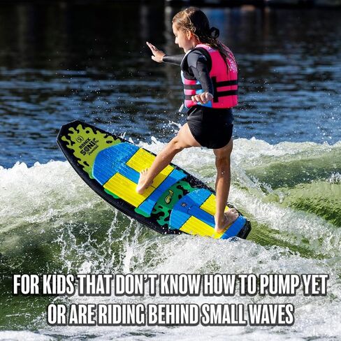 Ronix Kid's Powertail Sonic Wakesurf Board for All Levels | Versatile Stable Surf-Style Board with Extended Tail Surface & Turbo 3000 Fin for Youth Wakesurfing, Yellow/Green Squidhawk, 3'9 in Kuwait