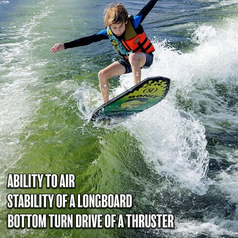 Ronix Kid's Powertail Sonic Wakesurf Board for All Levels | Versatile Stable Surf-Style Board with Extended Tail Surface & Turbo 3000 Fin for Youth Wakesurfing, Yellow/Green Squidhawk, 3'9 in Kuwait