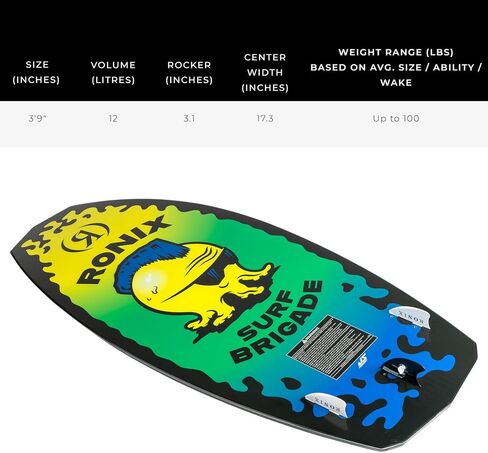 Ronix Kid's Powertail Sonic Wakesurf Board for All Levels | Versatile Stable Surf-Style Board with Extended Tail Surface & Turbo 3000 Fin for Youth Wakesurfing, Yellow/Green Squidhawk, 3'9 in Kuwait