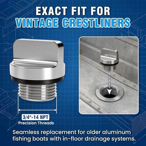 316 Stainless Vintage Crestliner Boat Floor Drain Plug,3/4"-14 NPT Vintage Crestliner Boat Accessories,Replacement In-Floor Drain Plug For Older Aluminum Crestliner boats Fishing Boats With washer in Kuwait