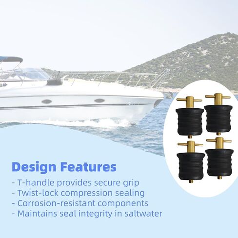 4 Pcs 1.25 Inch Boat Drain Plugs with T Handle, Twist-Turn Seal Design, Sturdy Rubber Plugs for 1-1/4 Inch Drains Locks (Brass) in Kuwait