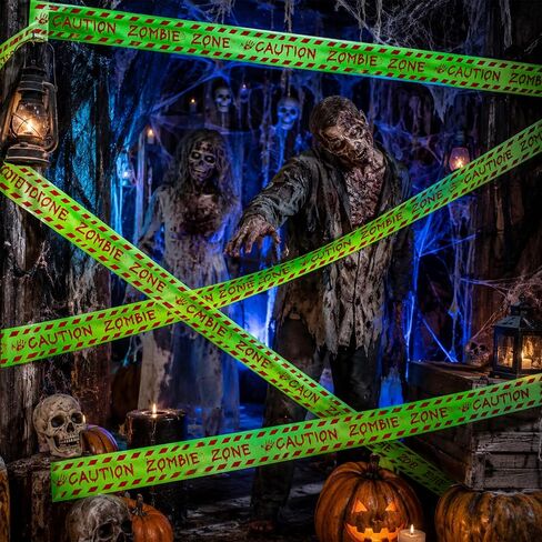 Halloween Decorations Caution Tape, Glow in The Dark Zombie Zone Warning Tape 1.9 in x 16.4 ft, Scary Party Decor for Indoor Outdoor Door, Yard, Haunted House and DIY Display in Kuwait