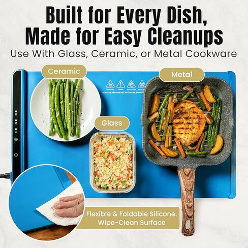 Food Warming Mat for Countertop – 26"x15" Electric Warming Mat for Food with 3 Heat Levels, Smart 4 Hours Auto Shut-Off, Compact Anti-Slip Silicone Roll-Up Warming Tray for Parties & Gatherings– Blue in Kuwait