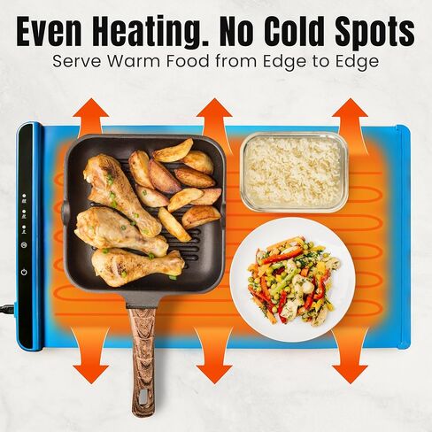 Food Warming Mat for Countertop – 26"x15" Electric Warming Mat for Food with 3 Heat Levels, Smart 4 Hours Auto Shut-Off, Compact Anti-Slip Silicone Roll-Up Warming Tray for Parties & Gatherings– Blue in Kuwait