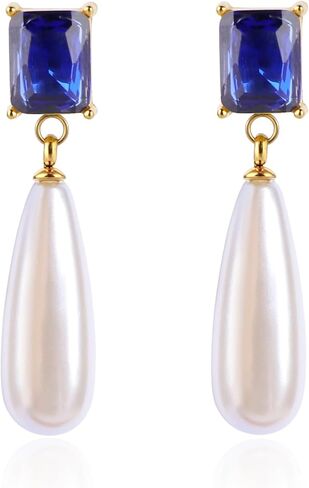 Pearl Emerald Cut Birthstone Earring 18k Gold Plated Cubic Zirconia Drop Earring Pearl Dangle Earrings Pearl Jewelry Birthday Gifts for Women in Saudi Arabia