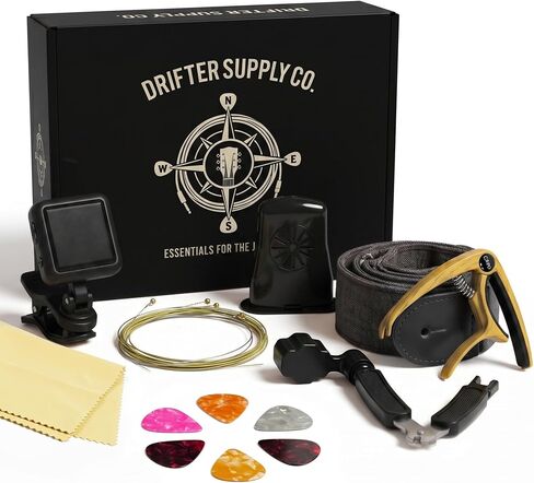 Acoustic Guitar Accessories Kit – Complete Starter Bundle with USB Rechargeable Tuner, Capo, Denim Strap, Strings, Picks, Winder & Humidifier | Guitar Gift for Beginners | Drifter Supply Co. in Kuwait